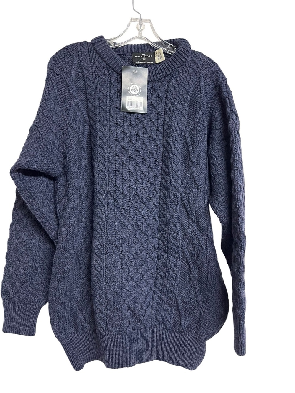 New The Irish Store 100% Wool Cable Knit Sweater Crewneck Unisex Cobalt Blue